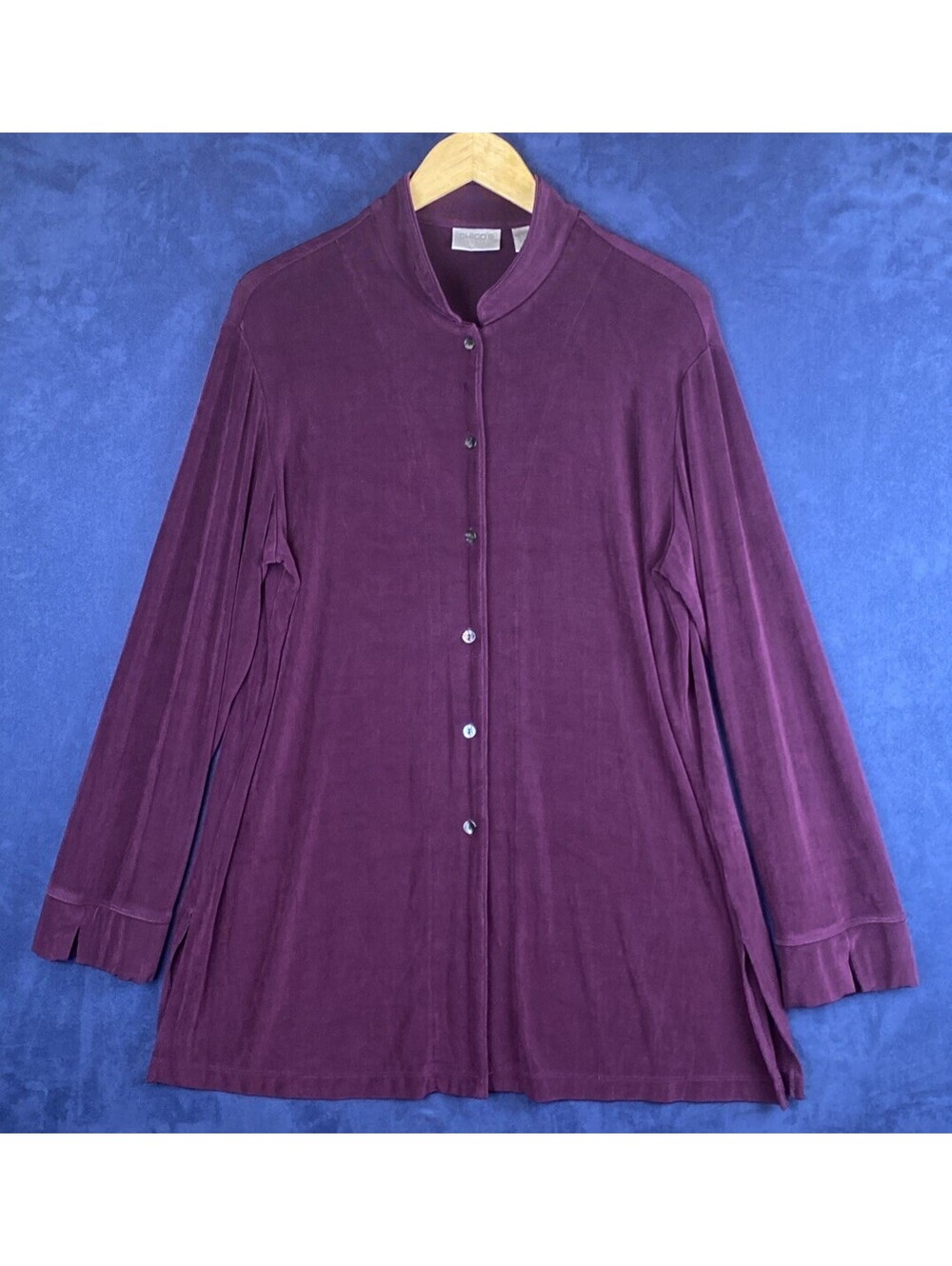 Chico’s Travelers Women’s Sz. 3 Button Up Tunic Top Berry Purple Stretch Long XL